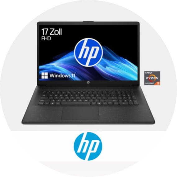 17 Zoll FHD Windows 11 Laptop von HP mit AMD Ryzen 7000 Series Prozessor, HP Logo im Hintergrund