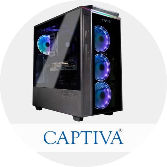 Captiva – Gaming-PC mit beleuchteten Lüftern und transparentem Seitenfenster.