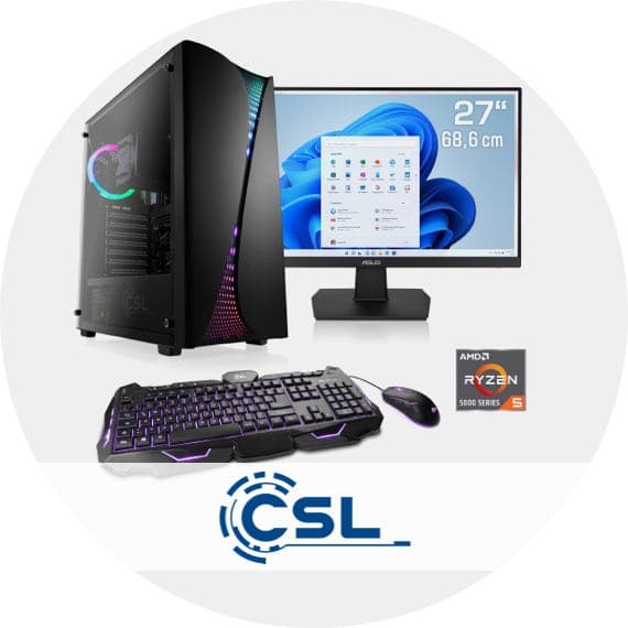 CSL – Komplett-PC mit AMD Ryzen 5, 27" Monitor, beleuchteter Tastatur und Maus, schwarz