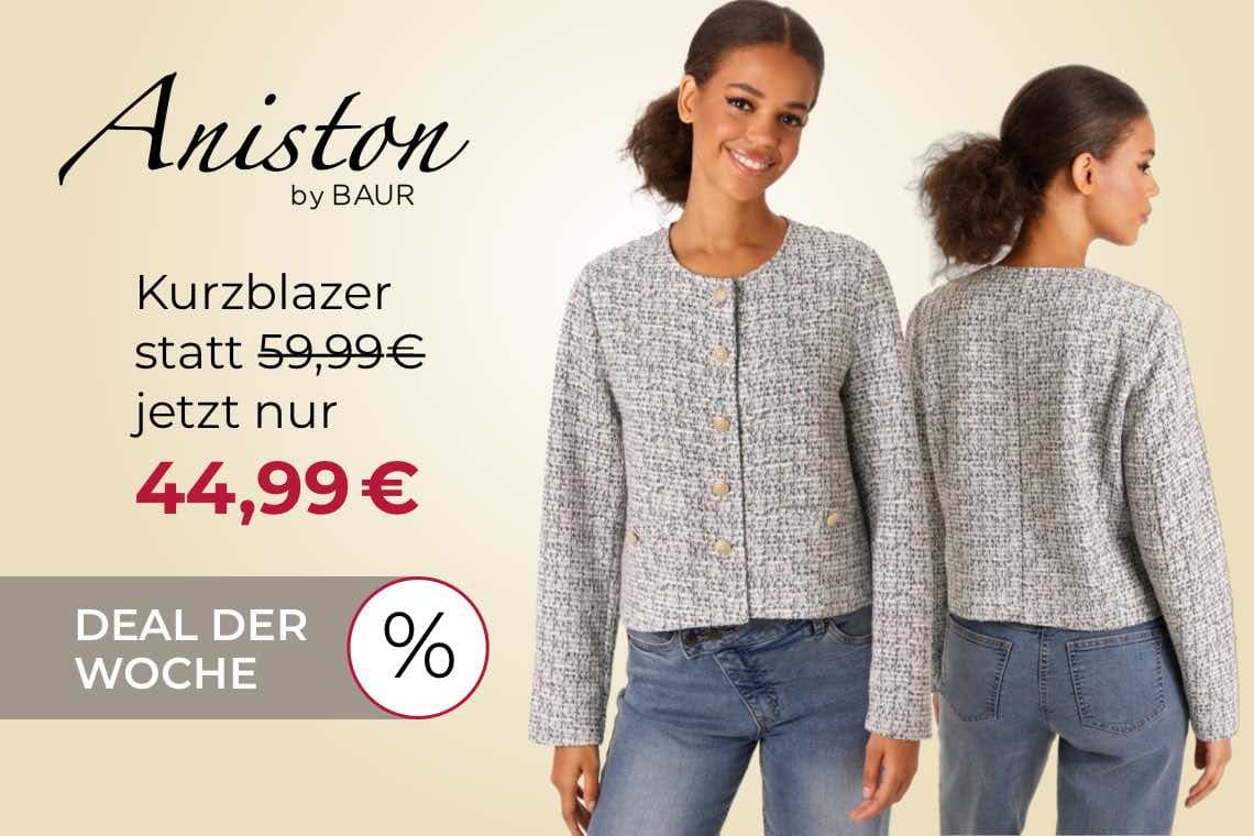 Kurzblazer statt 59,99€ jetzt nur 44,99€ – Deal der Woche. Frau zeigt grauen Blazer von vorne und hinten.