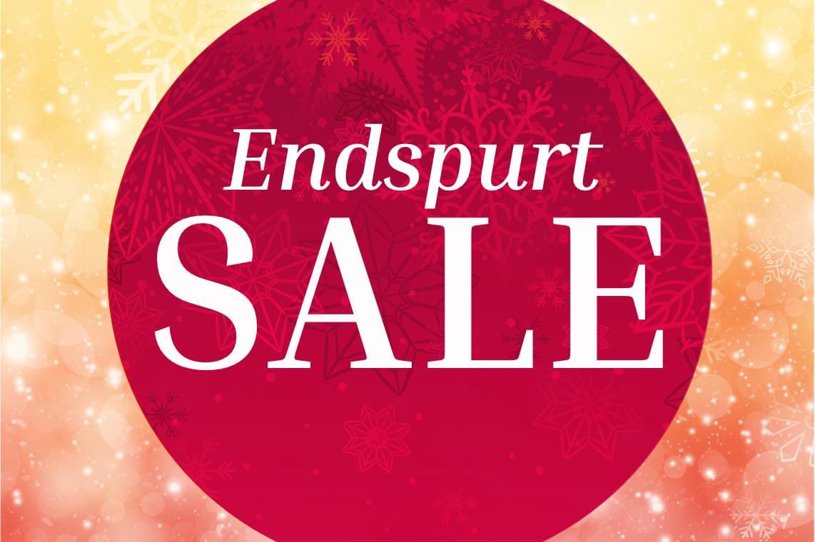 Endspurt SALE – roter Kreis mit Schneeflocken auf goldenem Hintergrund