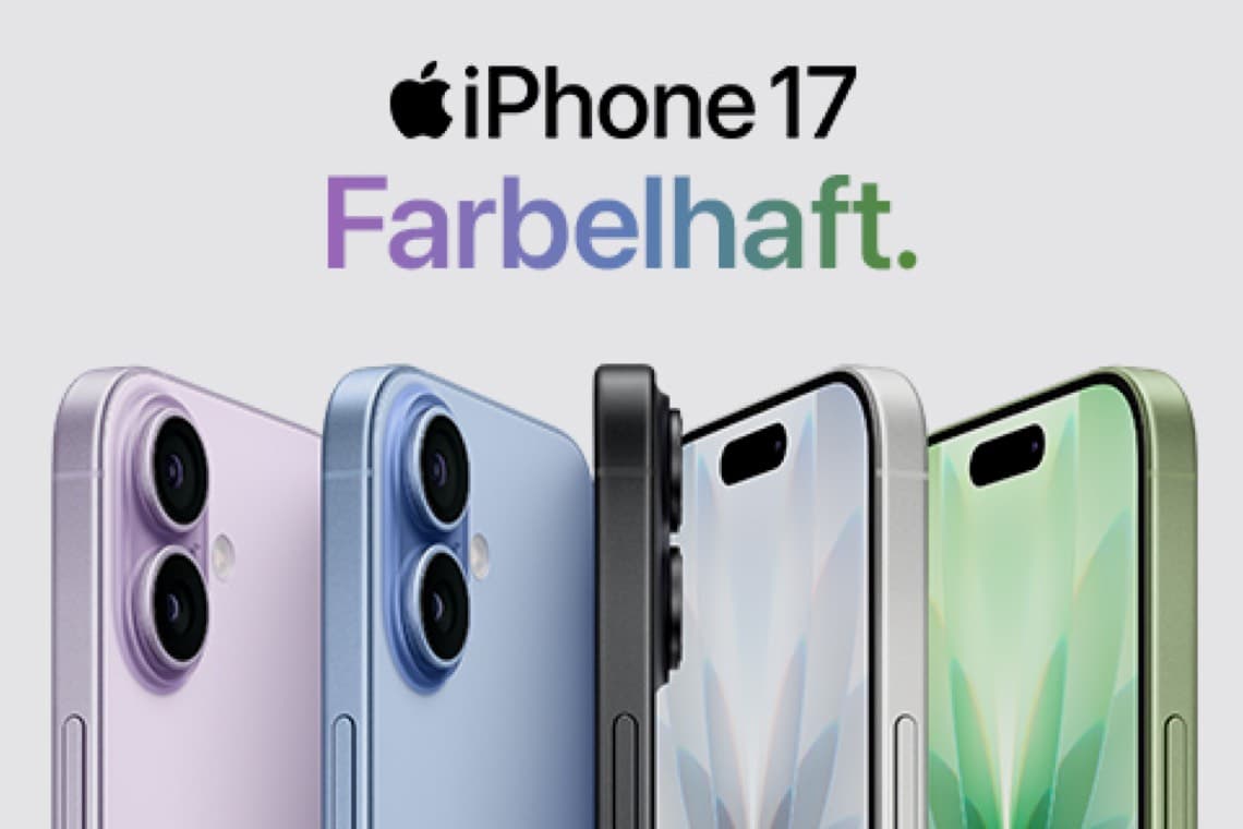 iPhone 17 – farbenfrohe Auswahl an Smartphones in Lila, Blau, Schwarz, Silber und Grün, Vorder- und Rückansicht.