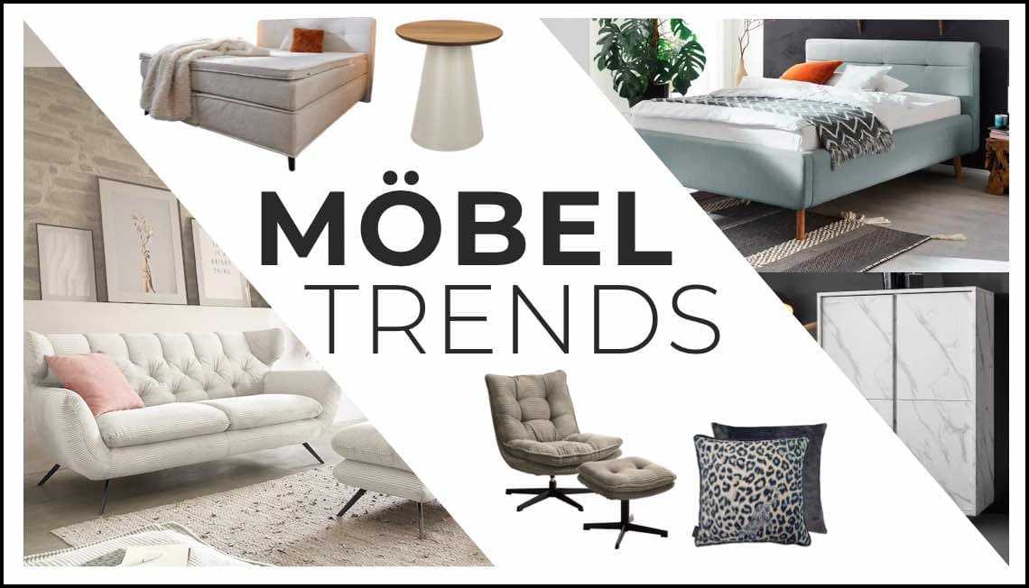 Möbel Trends – Collage von modernen Möbeln wie Bett, Sofa, Sessel und Beistelltisch