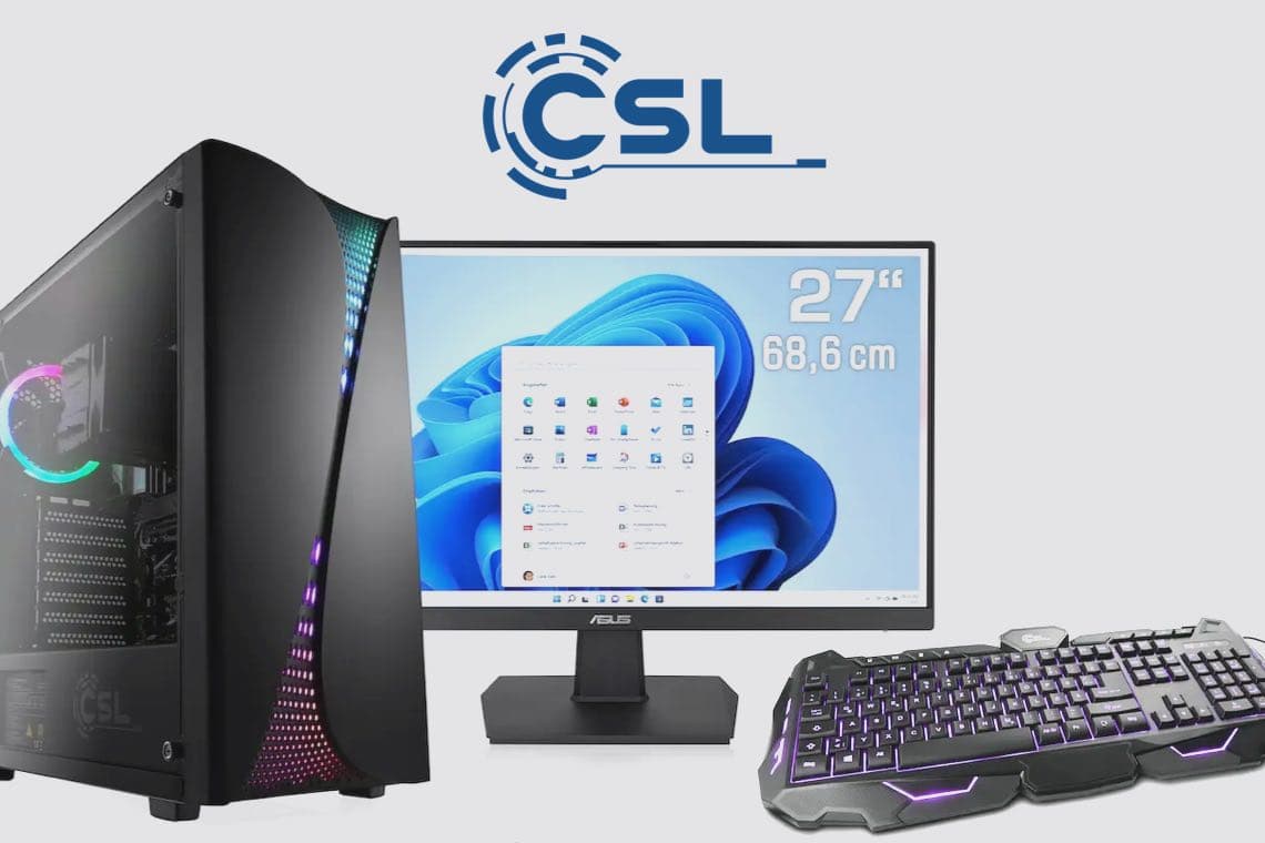 27" 68,6 cm – CSL Gaming-PC mit Monitor und beleuchteter Tastatur vor hellem Hintergrund.