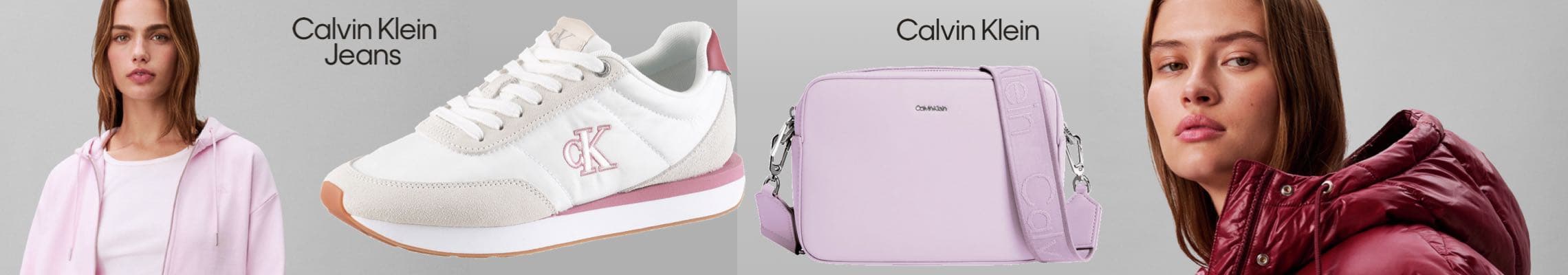 Calvin Klein Jeans – Person in rosa Kapuzenjacke, weißer Sneaker, lila Tasche, Person in rotem Steppmantel
