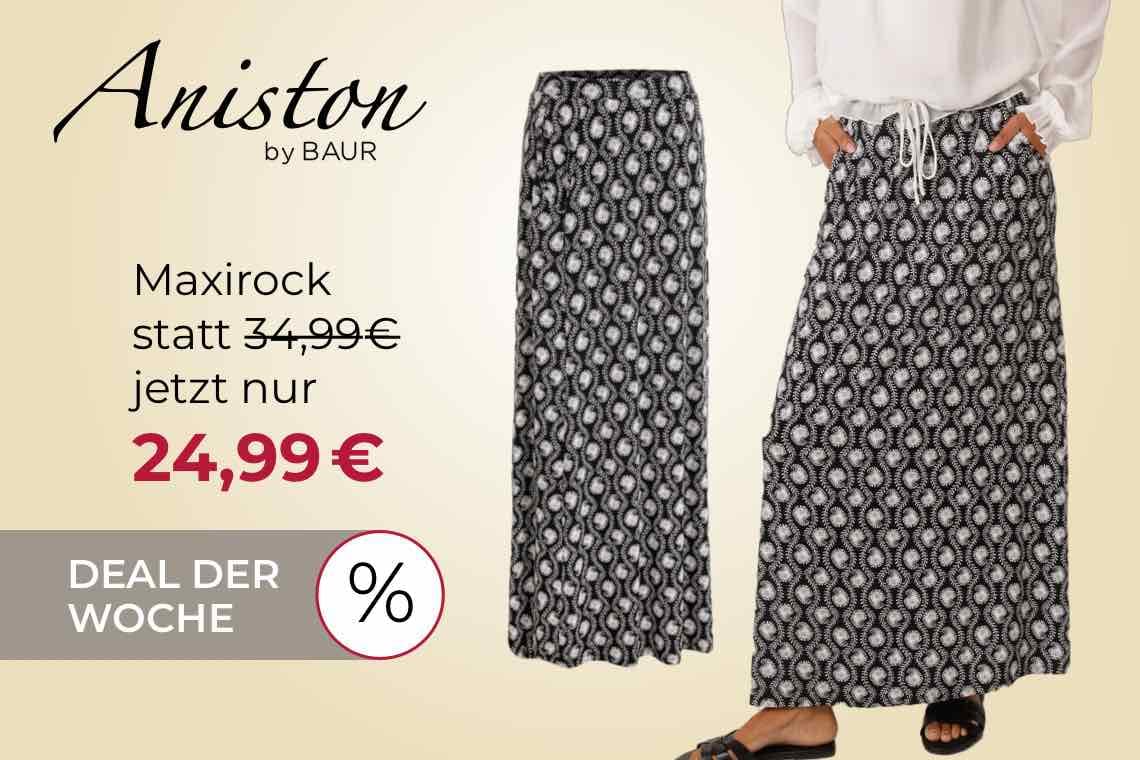 Deal der Woche: Aniston CASUAL Maxirock statt 34,99€ jetzt nur 24,99€ – Frau trägt langen gemusterten Rock und weißes Oberteil