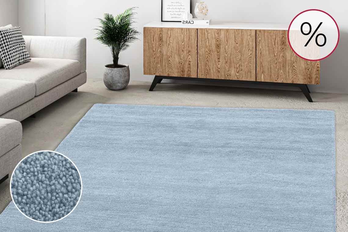 Prozentzeichen – Hellblauer Teppich in modernem Wohnzimmer mit Sofa und Holzmöbel, Pflanzen im Hintergrund.