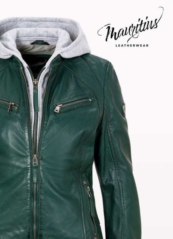 Mauritius Leatherwear – grüne Lederjacke mit grauem Kapuzenfutter und Reißverschlüssen