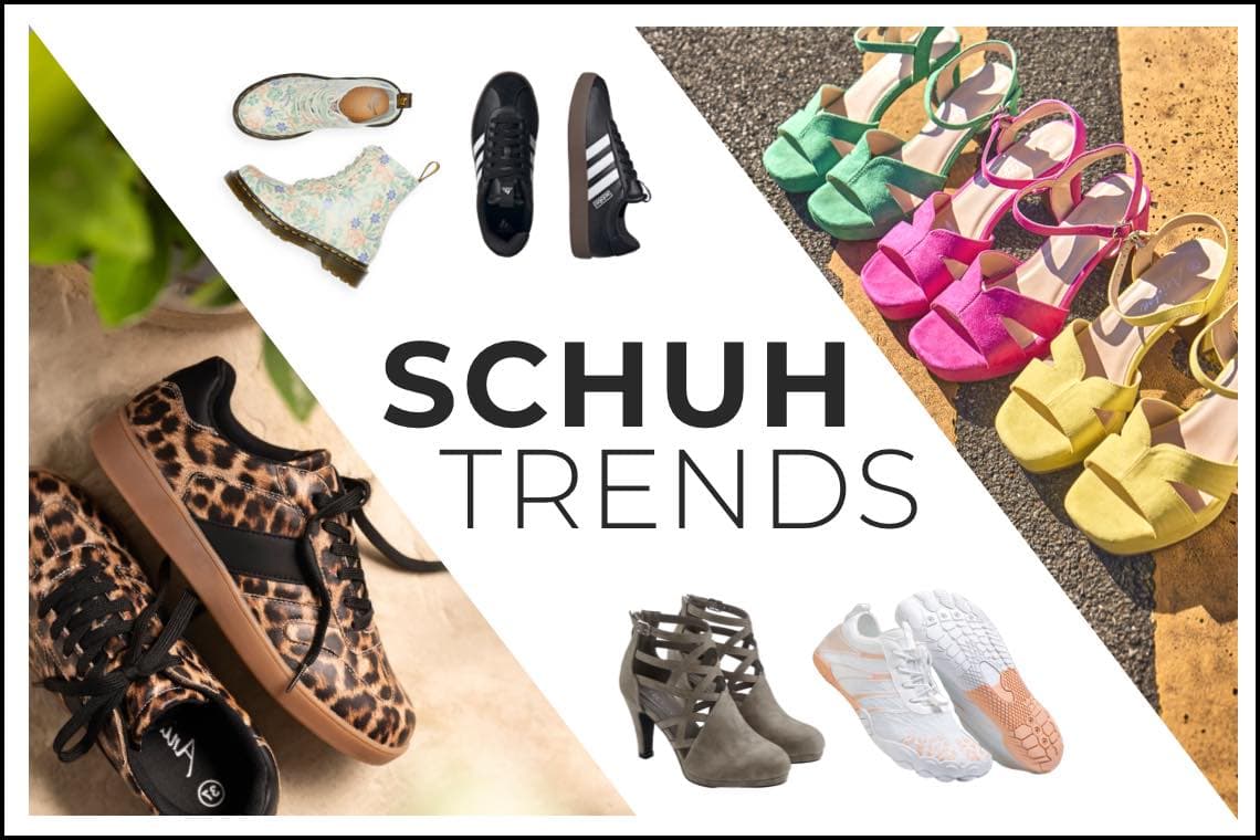 SCHUHTRENDS – Verschiedene Schuhe, darunter bunte Sandalen, Sneaker und Stiefeletten, auf weißem Hintergrund.