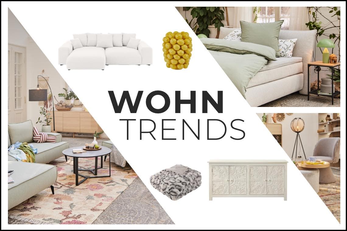WOHNTRENDS – Collage von modernen Wohnzimmermöbeln und Dekoration, wie Sofas, Teppichen, Bett und Lampen