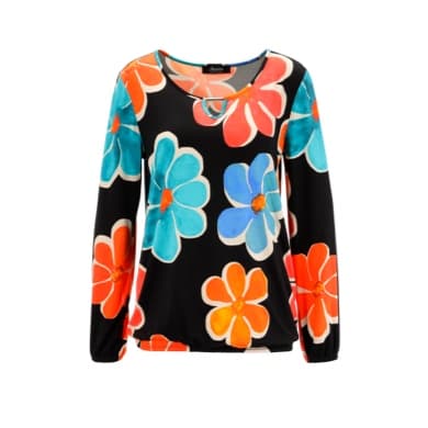 Schwarzes Langarmshirt mit buntem Blumenmuster in Blau, Orange und Rot.