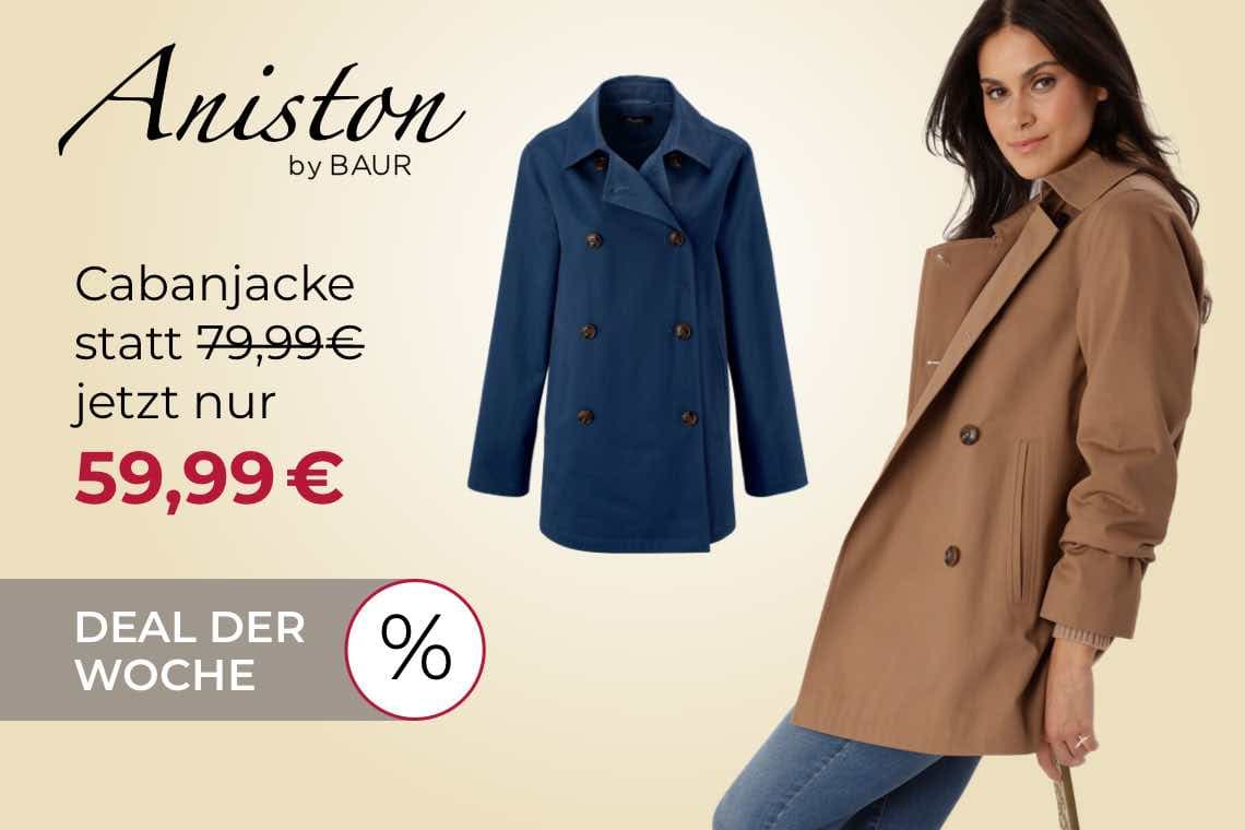 59,99 € statt 79,99 € – Deal der Woche – Frau trägt beige Cabanjacke, daneben blaue Cabanjacke auf hellem Hintergrund