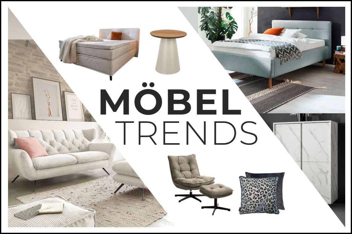 MÖBEL TRENDS – Collage mit modernen Möbeln: Bett, Sofa, Sessel, Beistelltisch und Dekokissen