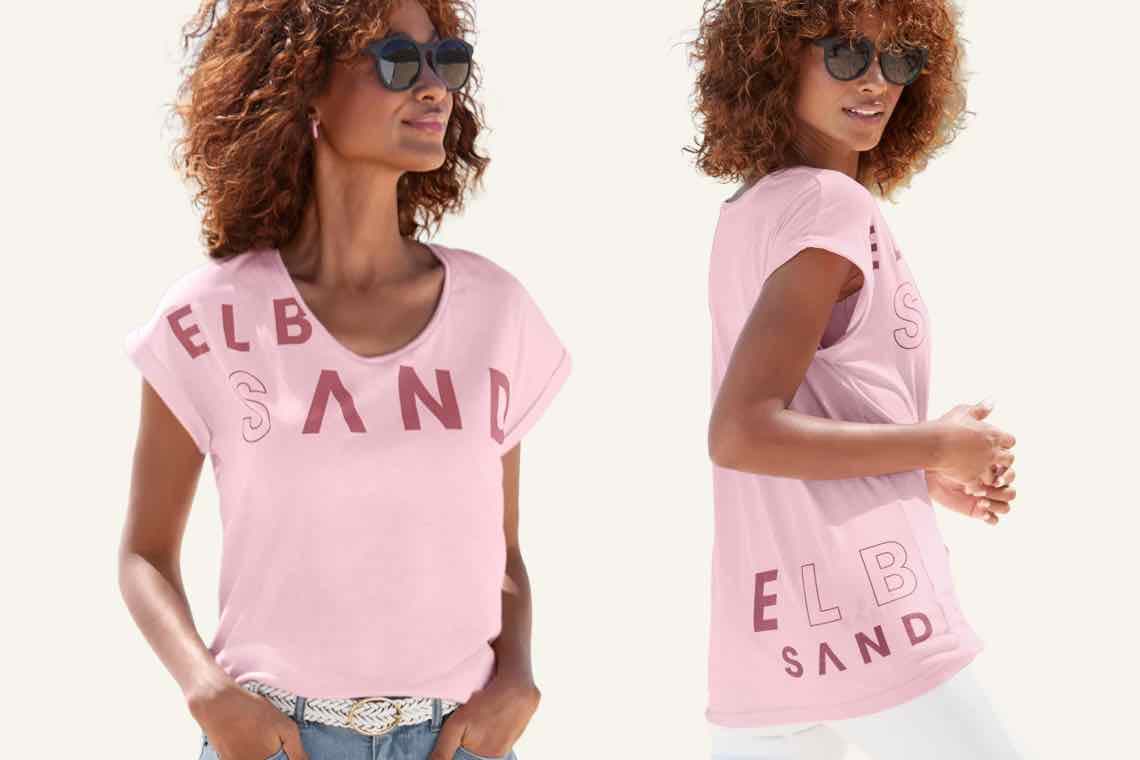Rosa T-Shirt mit Aufschrift „ELBSAND“, Frau in Jeans und Gürtel. Seitenansicht und Vorderansicht.