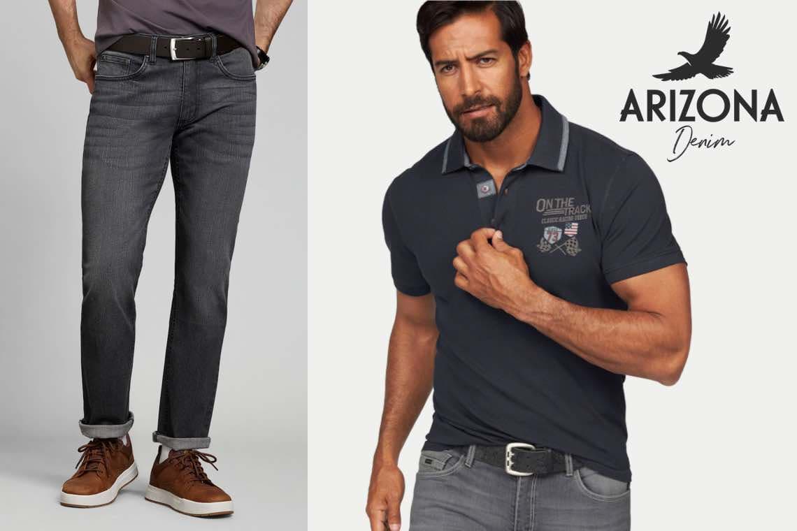 Arizona Denim – Mann in grauer Jeans und dunkelblauem Poloshirt mit Aufdruck "On the Track" und Adler-Logo.