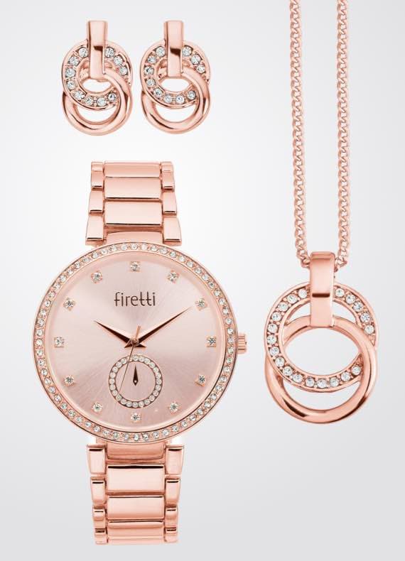 Roségoldene Uhr mit glitzernden Akzenten, passendem Kettenanhänger und Ohrringen mit Kristallsteinen.