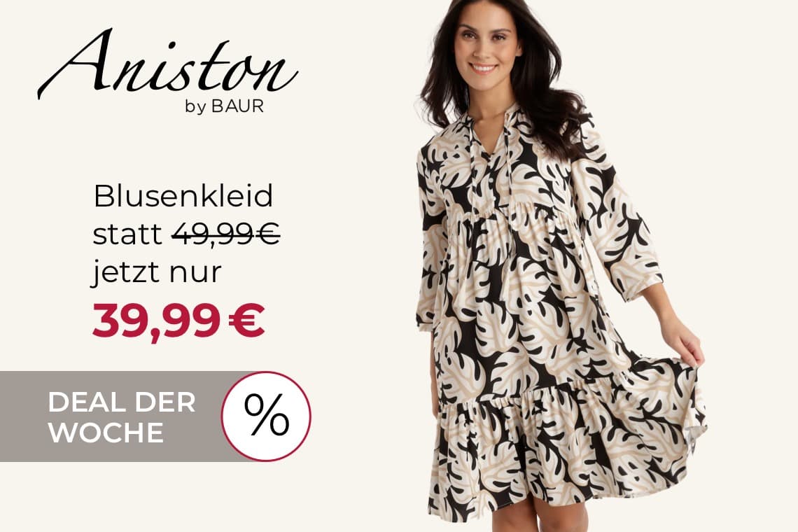 Blusenkleid statt 49,99 € jetzt nur 39,99 € – Deal der Woche, Frau trägt geblümtes Kleid