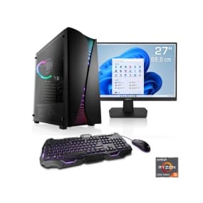 27" Monitor mit Tastatur, Maus und Gaming-PC. AMD Ryzen 5 Logo rechts.