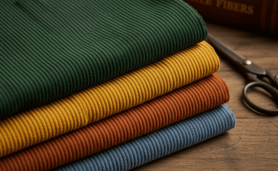 Vier gefaltete Cordstoffe in Grün, Gelb, Braun und Blau auf Tisch mit Schere und Buch