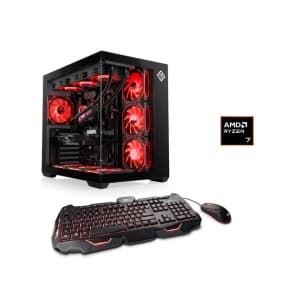 Gaming-PC mit roter Beleuchtung, AMD Ryzen 7 Logo, Tastatur und Maus