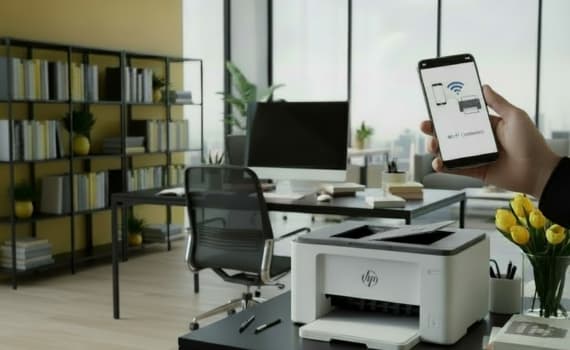 WiFi-Drucker – Person hält Smartphone, das drahtlose Druckerverbindung anzeigt, in modernem Büro mit Schreibtisch und Regalen