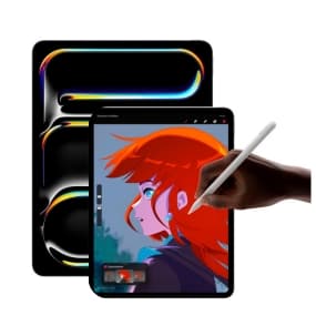 Hand zeichnet mit Stift auf Tablet eine Figur mit roten Haaren und blauem Hintergrund.