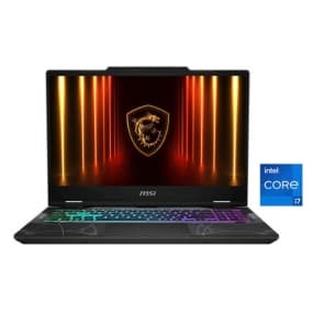 MSI Laptop mit Intel Core i7 – Bildschirm zeigt Drachenlogo, Tastatur mit Regenbogenfarben-Hintergrundbeleuchtung.