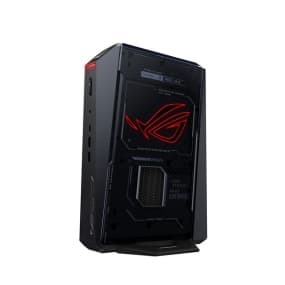 Schwarzer Gaming-PC mit rotem Logo in vertikaler Position