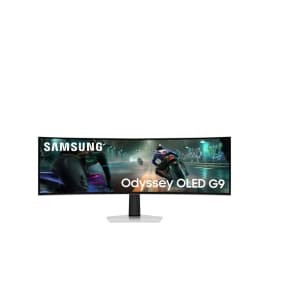 Samsung Odyssey OLED G9 Monitor mit Motorrad-Rennspiel auf dem Bildschirm