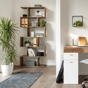 Modernes Arbeitszimmer mit Holzregal, Schreibtisch, Lampe und Pflanze in weißem Topf