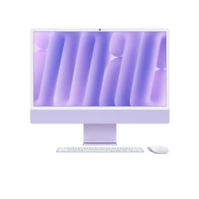 Lila Computer mit passender Tastatur und Maus, Bildschirm zeigt abstraktes lila Muster.