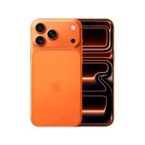 Orangefarbenes Smartphone mit drei Kameras, Vorderseite zeigt abstraktes Muster auf dem Display.