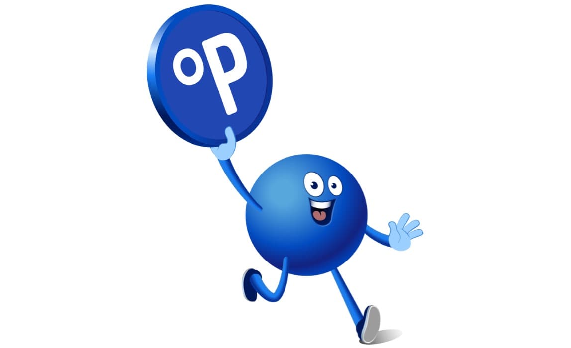 Blauer animierter Ball mit fröhlichem Gesicht hält ein Schild mit "oP" und läuft.