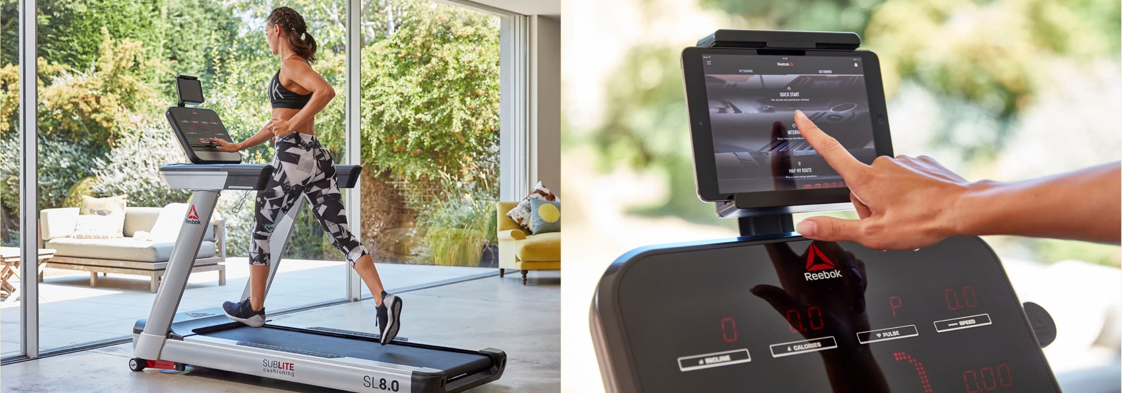 Frau läuft auf Laufband, während jemand Bildschirm berührt. Tablet zeigt Trainingsoptionen.