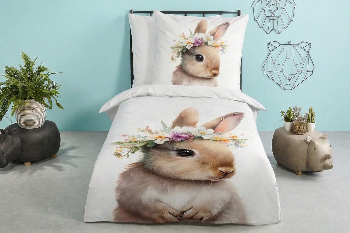 Bettwäsche mit Hasenmotiv und Blumenkranz, dekoriert mit Pflanzen und Wandkunst.