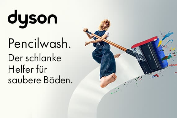 Pencilwash. Der schlanke Helfer für saubere Böden – Person springt und hält Dyson Bodenreinigungsgerät.