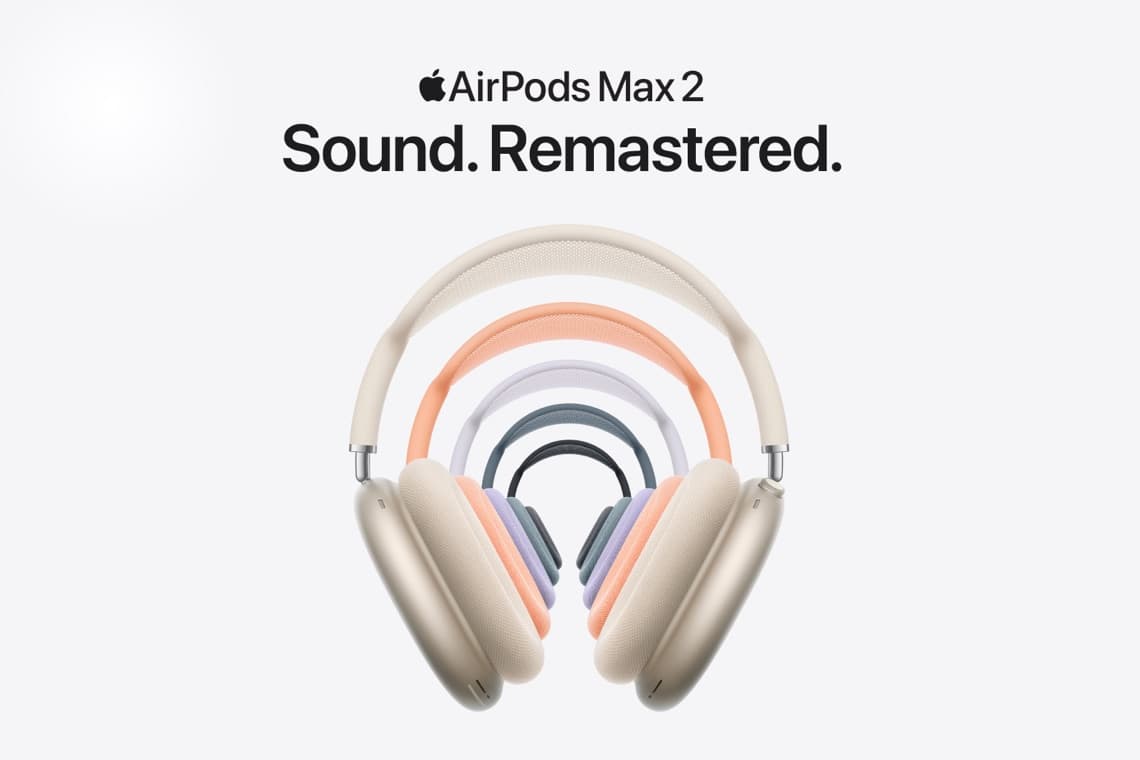 AirPods Max 2 – Sound. Remastered. – große Bügelkopfhörer vorn, dahinter weitere Modelle in verschiedenen Farben