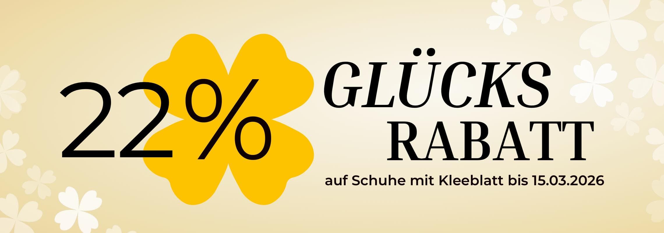 22 % Glücks Rabatt auf Schuhe mit Kleeblatt bis 15.03.2026 – gelbes Kleeblatt auf beigem Hintergrund