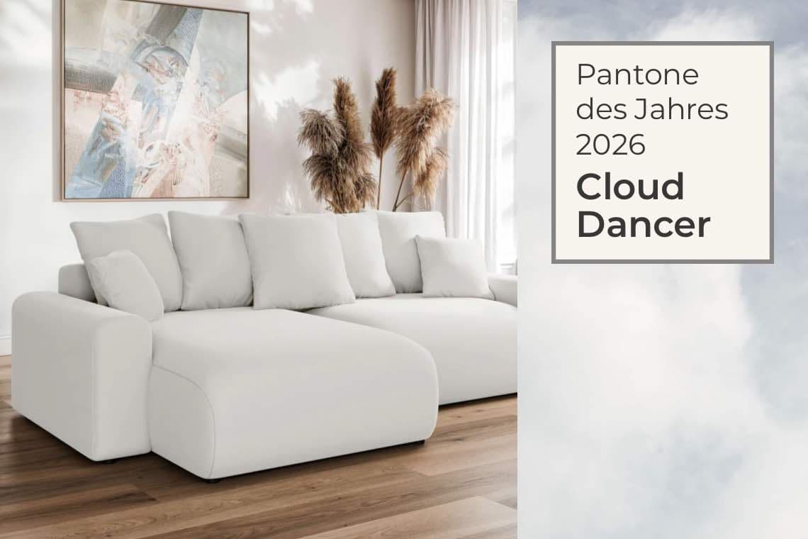 Pantone des Jahres 2026 Cloud Dancer – helles Sofa mit vielen Kissen vor Fenster, Bild und Gräsern im Wohnzimmer