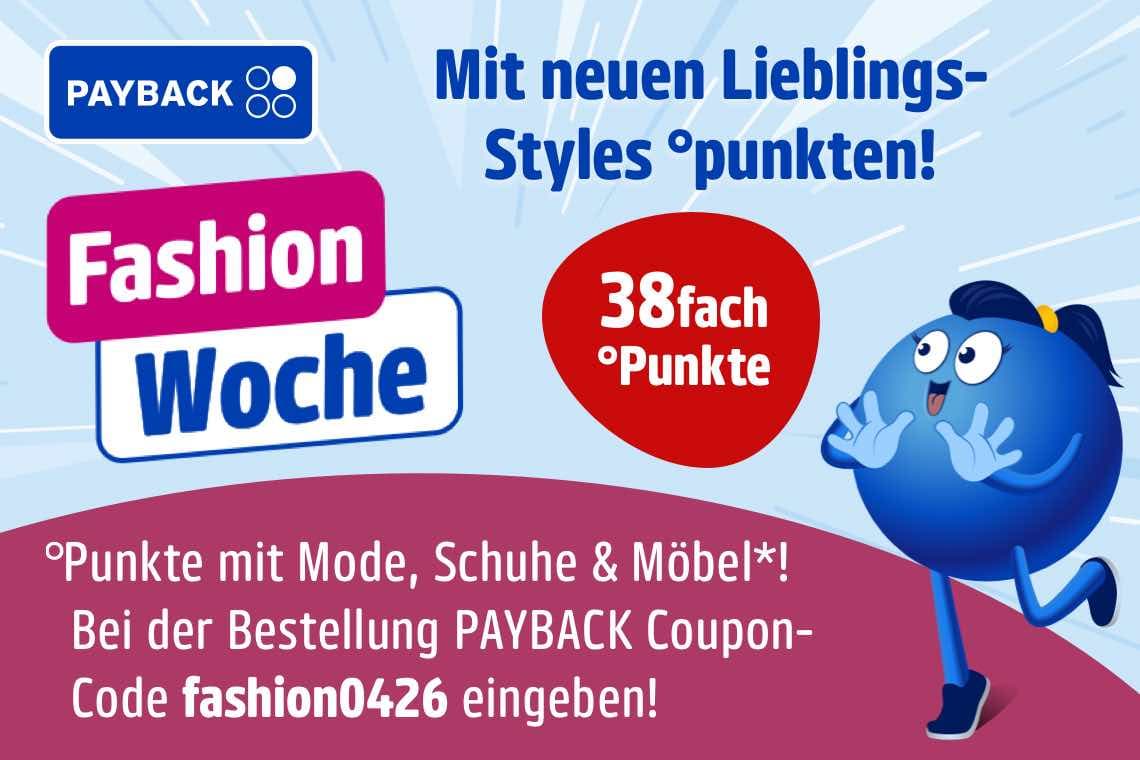 Fashion Woche – 38fach Punkte auf Mode, Schuhe und Möbel, PAYBACK Figur läuft, Code fashion0426 im Banner sichtbar