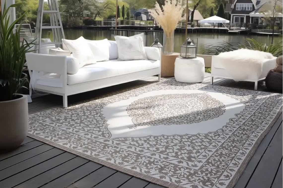 Großer rechteckiger Outdoor-Teppich mit ornamentalem Muster auf Terrasse mit weißem Sofa, Hockern und Blick auf den See