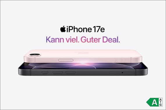 iPhone 17e – Kann viel. Guter Deal. Zwei iPhones liegen übereinander, eines hell, eines dunkel, seitlich von vorne gesehen