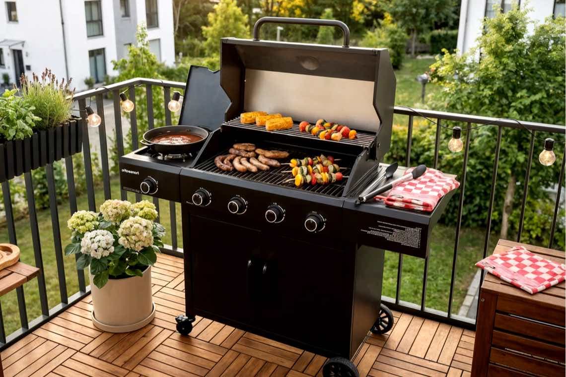 Großer Gasgrill auf Balkon mit Würstchen, Mais und Gemüsespießen, daneben Pfanne, Grillzange und rotweiß karierte Tücher