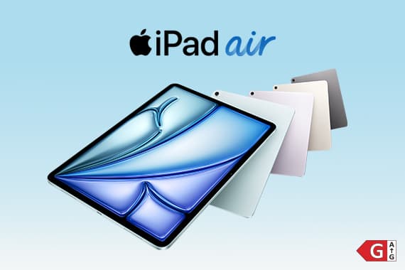 iPad Air – Tablet mit blauem Display, dahinter weitere iPads in verschiedenen Farben vor hellblauem Hintergrund