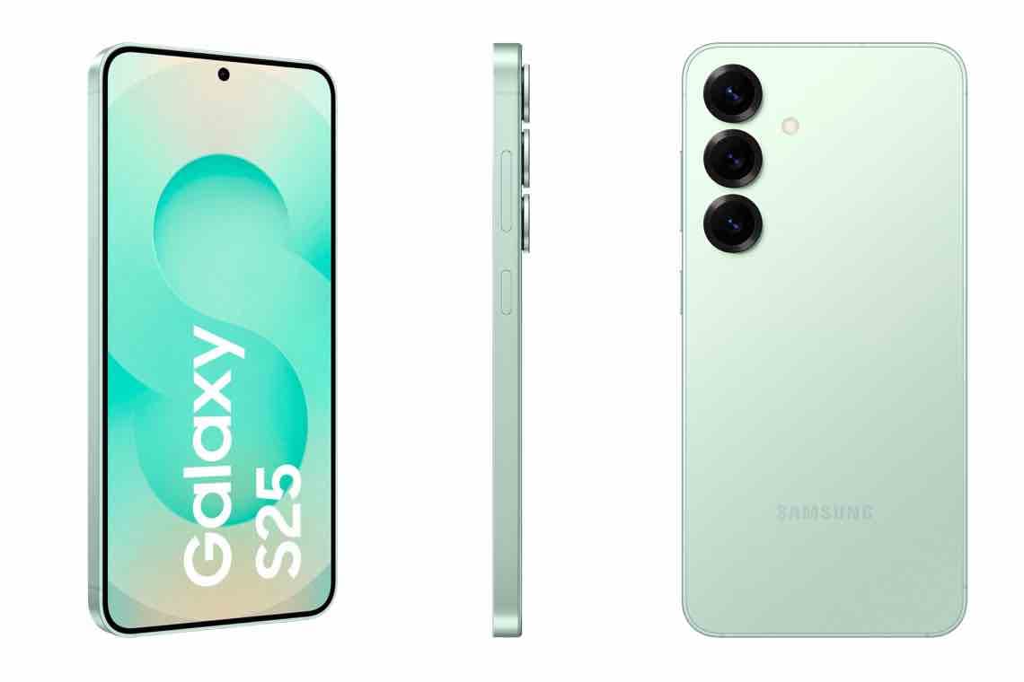 Galaxy S25 – mintgrünes Smartphone von vorne, der Seite und hinten mit drei Kameras in Reihe