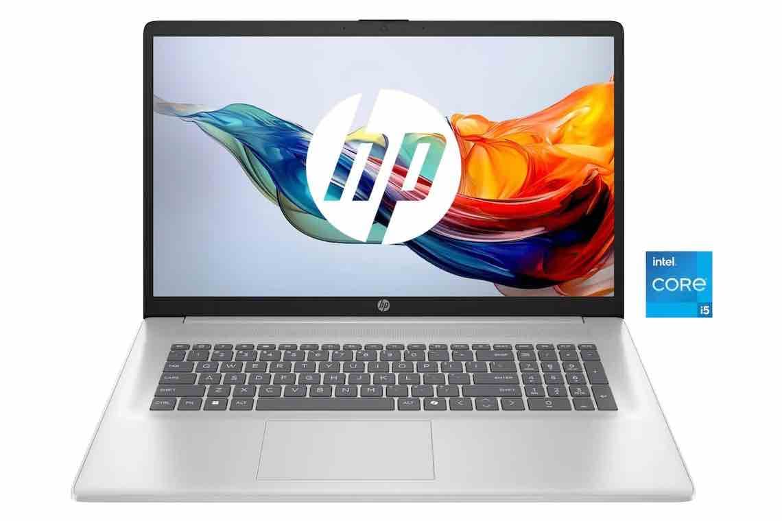 HP Laptop geöffnet von vorn, Display mit bunter Farbfläche und HP Logo, rechts daneben Intel Core i5 Symbol