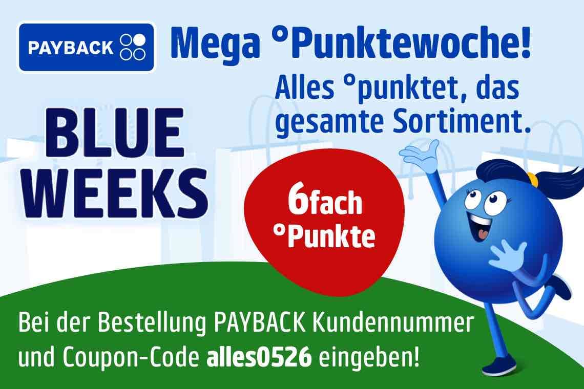 Mega Punktwoche mit 6fach Punkten auf das gesamte Sortiment – PAYBACK Blue Weeks mit blauem Maskottchen und Code alles0526