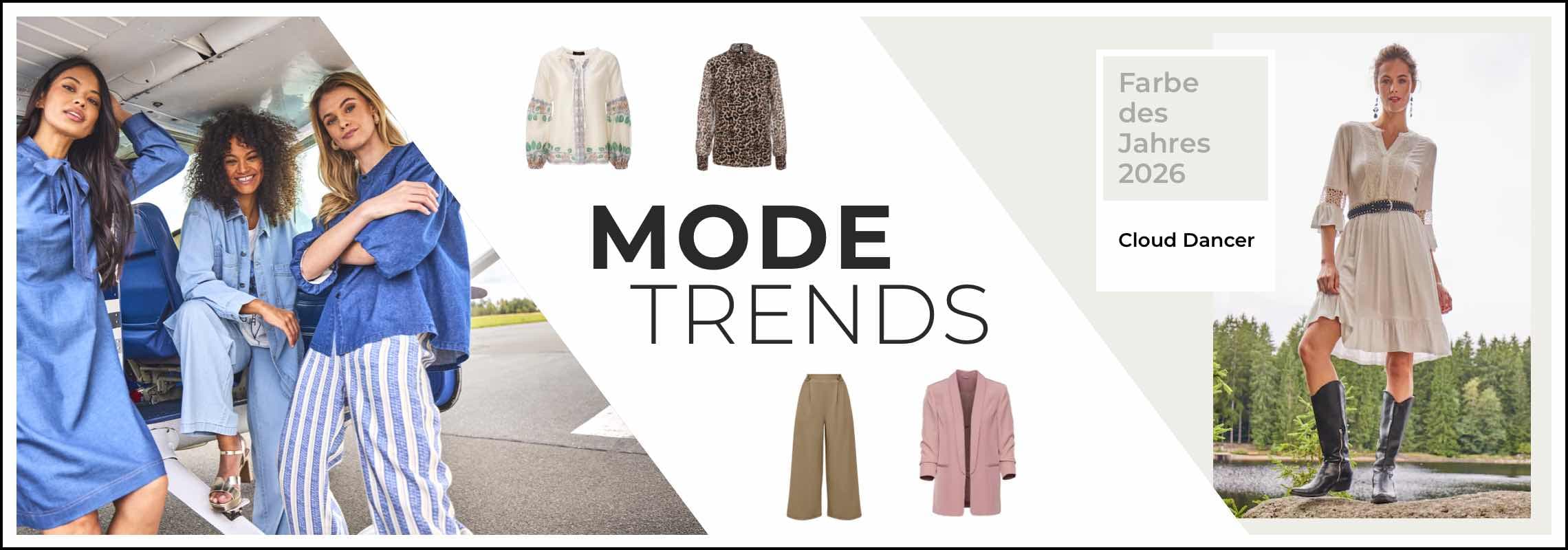 Mode Trends – Frauen in Jeanskleidung, daneben Kleidungsstücke und Farbe des Jahres 2026: Cloud Dancer