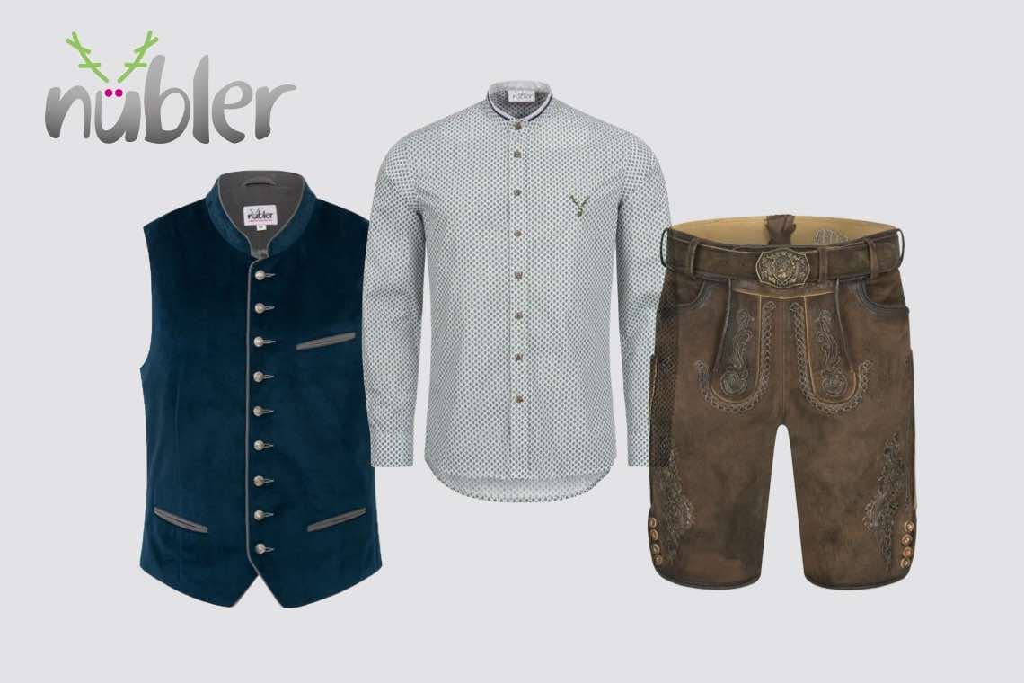 Nübler Trachten-Outfit mit blauer Weste, gemustertem Hemd und brauner Lederhose nebeneinander vor hellem Hintergrund