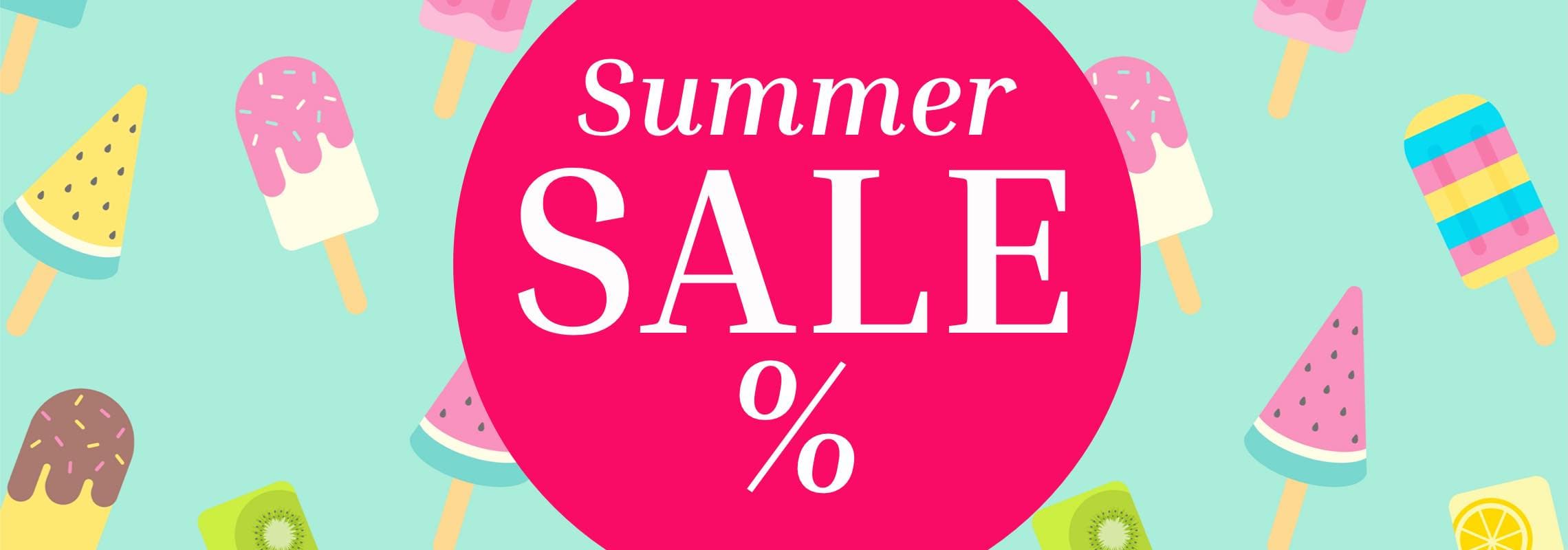 Summer SALE % – bunte Eis am Stiel und Früchte auf mintgrünem Hintergrund
